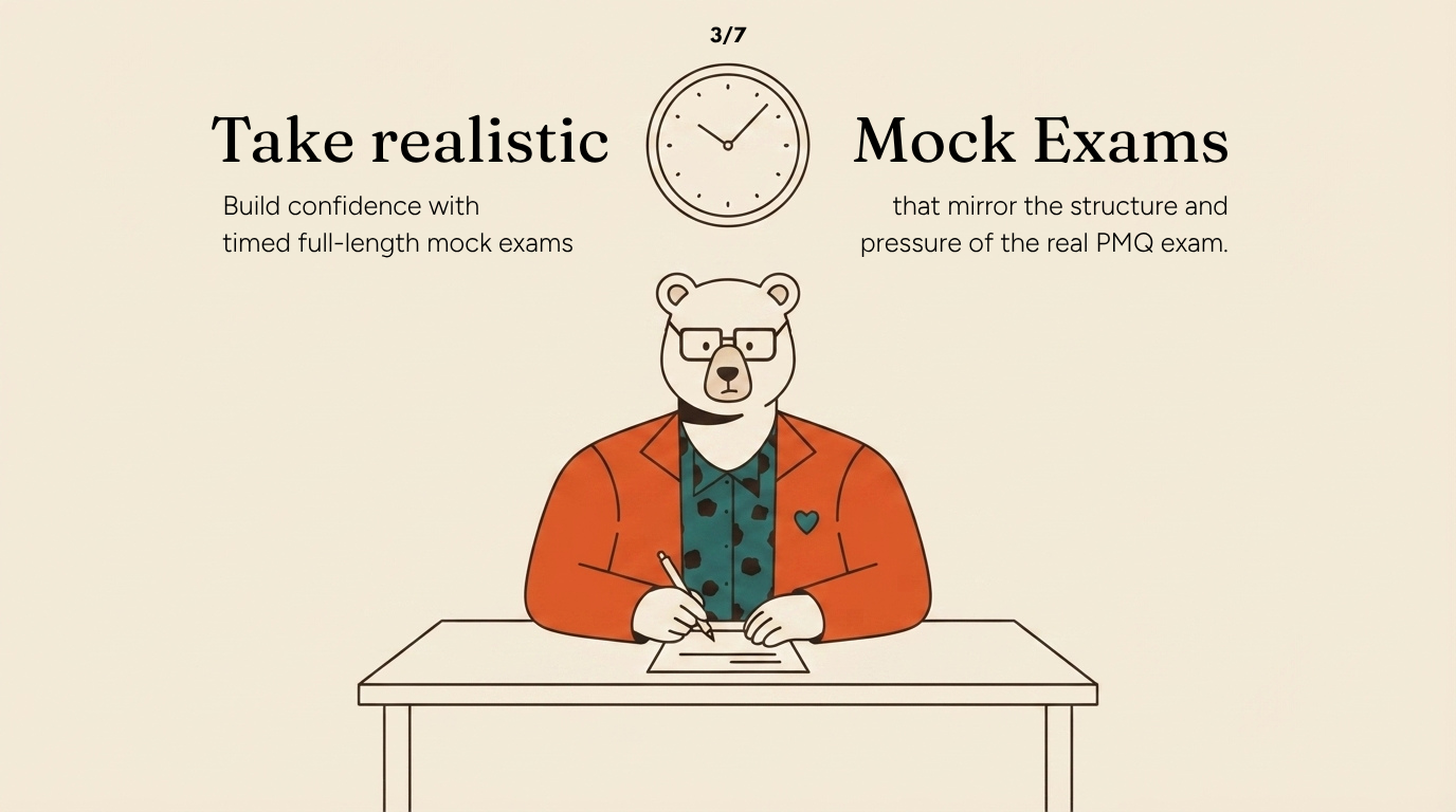 Take realistic timed mock exams that mirror the structure and pressure of the PMQ exam.